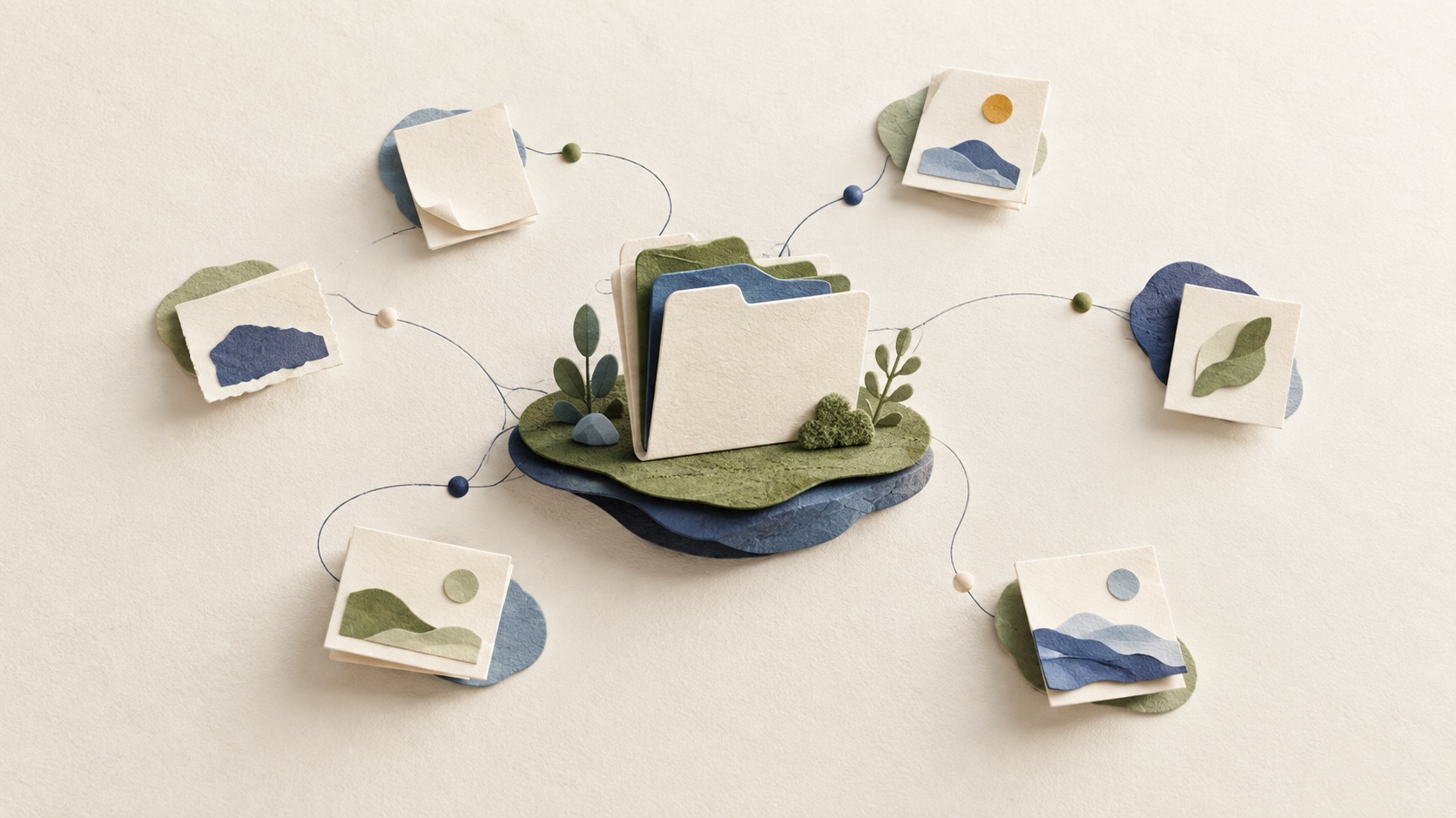 Concept artwork: several paper notes connected around a central folder